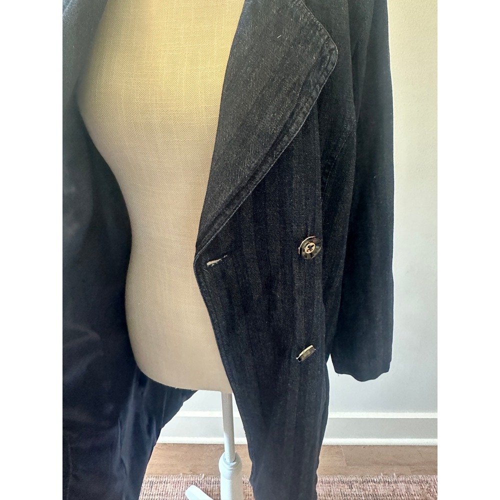 Chicos Dark Wash Denim Trench Coat Double Breasted Herringbone Long Jacket Sz 1 - Picture 7 of 13